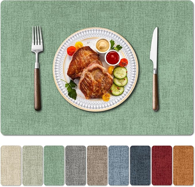 Faux Leather Heat Resistant Christmas Placemats Set of 4 – Waterproof Oilproof Wipeable Dining PU Vinyl Place Mat Easy Clean Table Mats for Kitchen/Dining/Party/Holiday, Dark Green