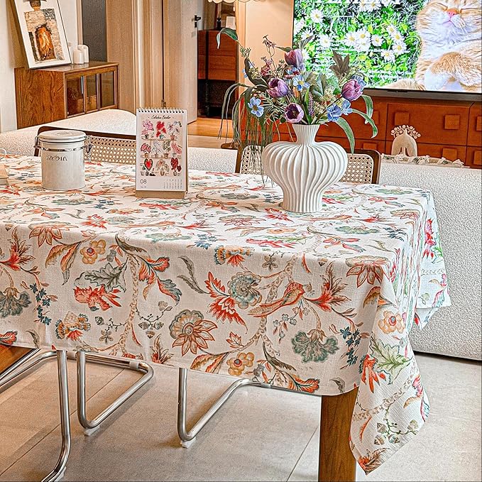 Outdoor Rectangle Tablecloth Linen Textured Waterproof Spillproof Table Cloth, Wrinkle Free Decorative Fabric Table Cover for Farmhouse, Dining, Wedding, Party - 54"x72", Flowers and Birds