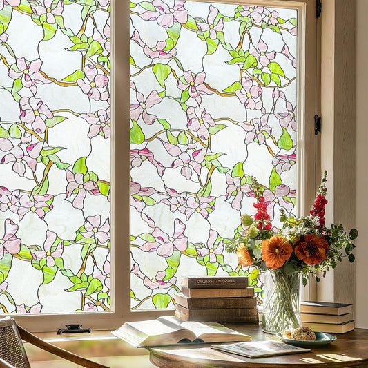 3D Stained Glass Window Film, Decorative Window Privacy Film for Bathroom,Front Door,Home, Sun Blocking Heat Control,Static Cling,23.6inch x 35.4inch Pink sprigs