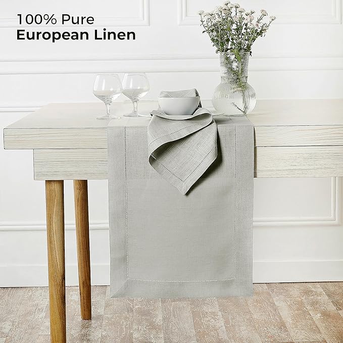 D'Moksha Homes Linen Silver Grey Table Runner 60 Inches - Classic Hemstitch, 100% Pure Linen Coffee Table Runner 14 x 60 Inch Ideal for Dresser Tables - Spring, Easter