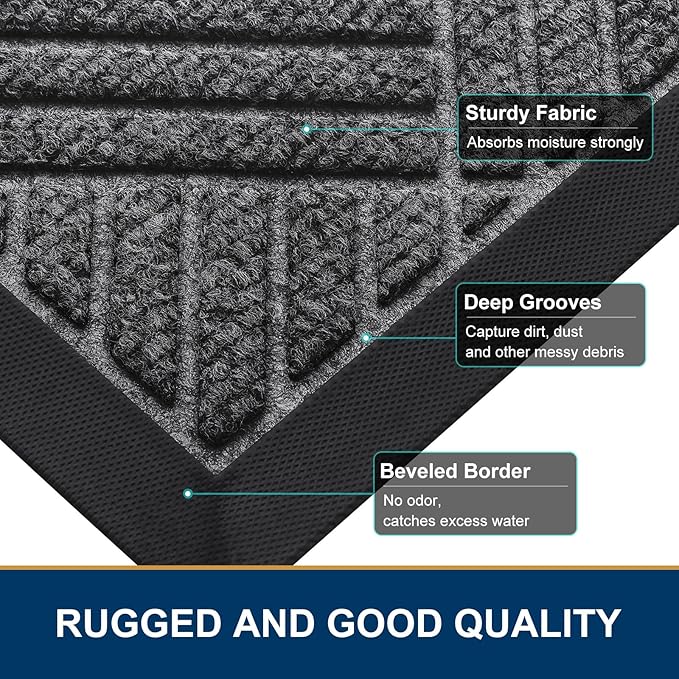 Smiry Front Door Mat Outside Entrance, Heavy Duty Outdoor Indoor Natural Rubber Doormat, Non Slip, Trap Dirt and Moisture, Easy Clean, Low Profile Patio Porch Entryway Mat, 47x23, Light Grey