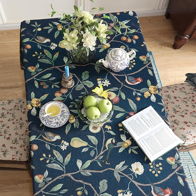 Linen Table Cloth Rectangle,Wrinkle Resistant French Blue Tablecloth Print with Froal,Decor Stitch Table Cloth for Thanksgiving,Dining Room,Home,Kitchen 55" × 79"-DeweyA Blue
