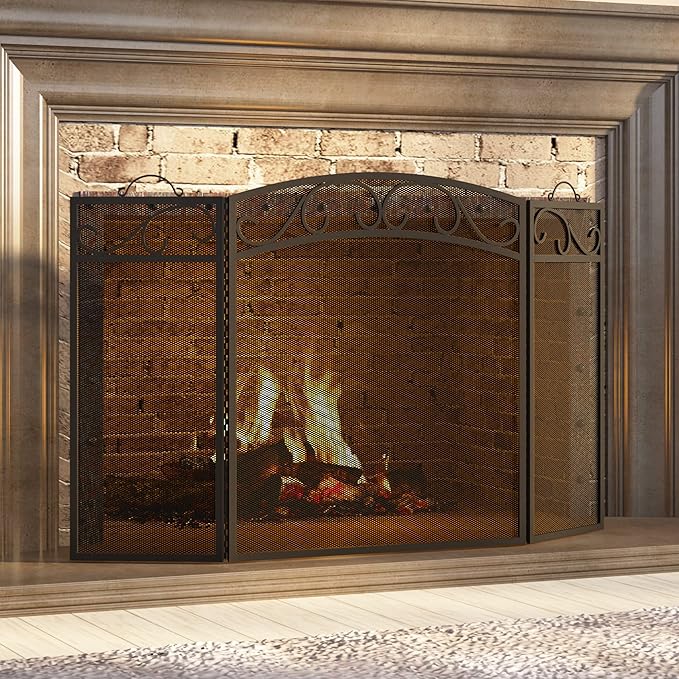 Fire Beauty Fireplace Screen 3 Panel with Handles Wrought Iron 51"(L) x31(H) Spark Guard Cover(Sanded Black)