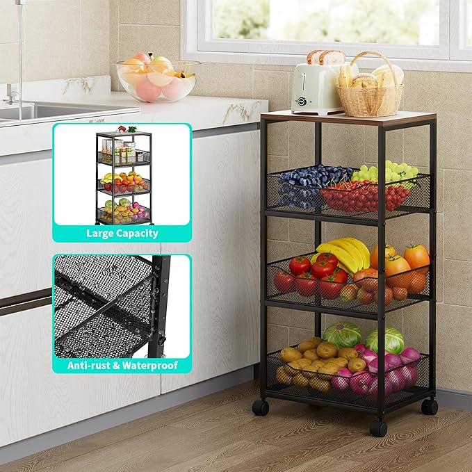 HapiRm Fruit Basket Kitchen Cart - 4-Tier Rolling Storage Cart with Wheels, Fruit Vegetable Basket with Wood Top, Pantry Utility Kitchen Organizer for Fruit Potato Onion Vegetable Bread Snack