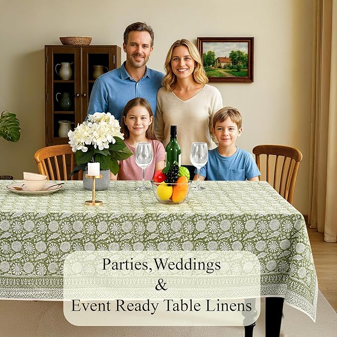 CPC Olive Bloom Tablecloth 100% Cotton 70x118 Inch Indian Block Print Rectangle Table Cover, Table Cloth for Gifting in Weddings, Halloween, Fall, Christmas, Thanksgiving