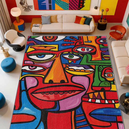 Abstract Rugs for Bedroom - Colorful Rug, 7x9 Area Rugs, Pop Art Graffiti Multicolor Washable Foldable Large Carpet Home Decor
