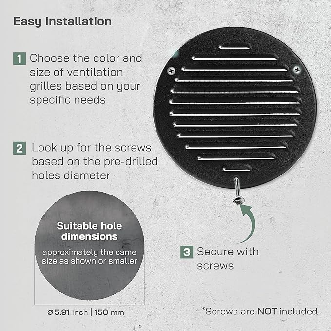 Vent Systems 6 Inch (Inner) - Pack of 5 - Black Metal Soffit Vent Cover - Durable Round Air Vent Grille with Mesh Screen - Weather Resistant Ventilation Grill - Wall & Ceiling, Indoor & Outdoor