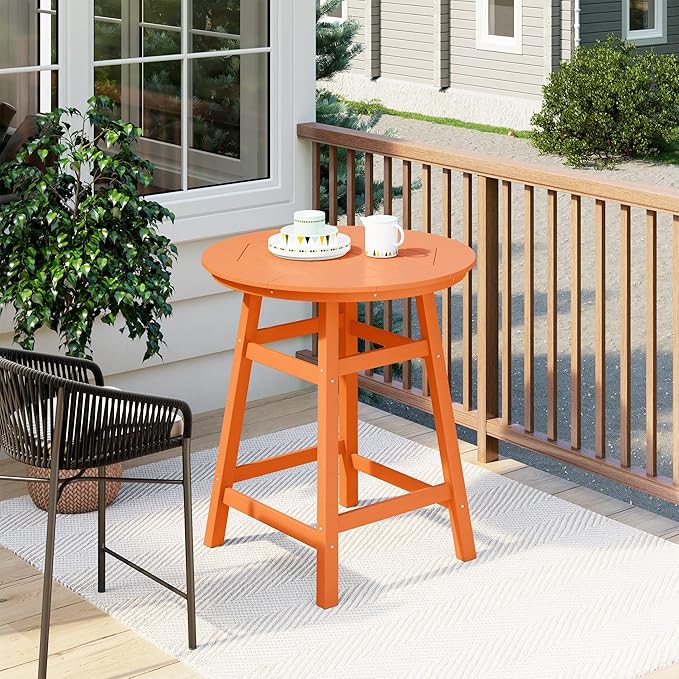 Costaelm Patio Bistro Table, 37" Counter Height Round Patio Cocktail Bar Table with Umbrella Hole, Outdoor Bistro Dining Pub Table for Front Porch Deck Backyard Garden, Orange