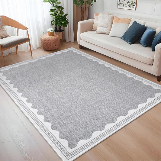 Scalloped Washable Rug 5x7 Area Rugs for Living Room, Solid Grey Rug for Bedroom Girls, Non Slip Scalloped Rug Throw Rugs with Rubber Back, Soft Dorm Nursery Low Pile Carpet for Dining Room