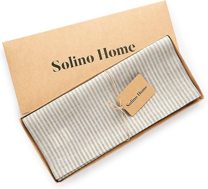 Solino Home Linen Table Runner 48 Inches - Narrow Stripe 100% Pure Linen Natural and White Table Runner 14 x 48 Inch Ideal for Dresser and Coffee Tables - Winter, Spring, Easter