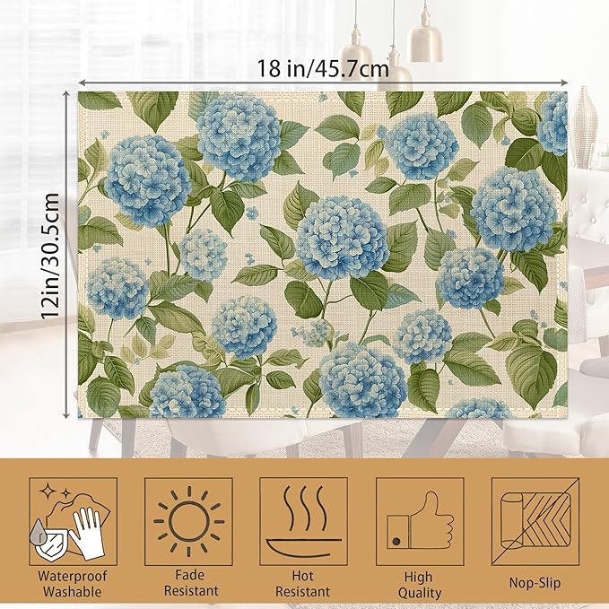 Placemats12x18 Inch,Blue Hydrangea Placemats,Vintage Floral Kitchen Dining Coffee Table Mats Set of 6 for Home Indoor Outdoor Party