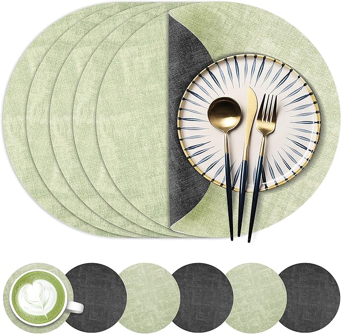 13-Inch Faux Leather Round Placemats Set of 6, Waterproof Anti-Slip Dual Sided Place mats, Heat Resistant Washable Table Mats with Coaster, Suitable for Indoor & Outdoor (6, Black Light Green)