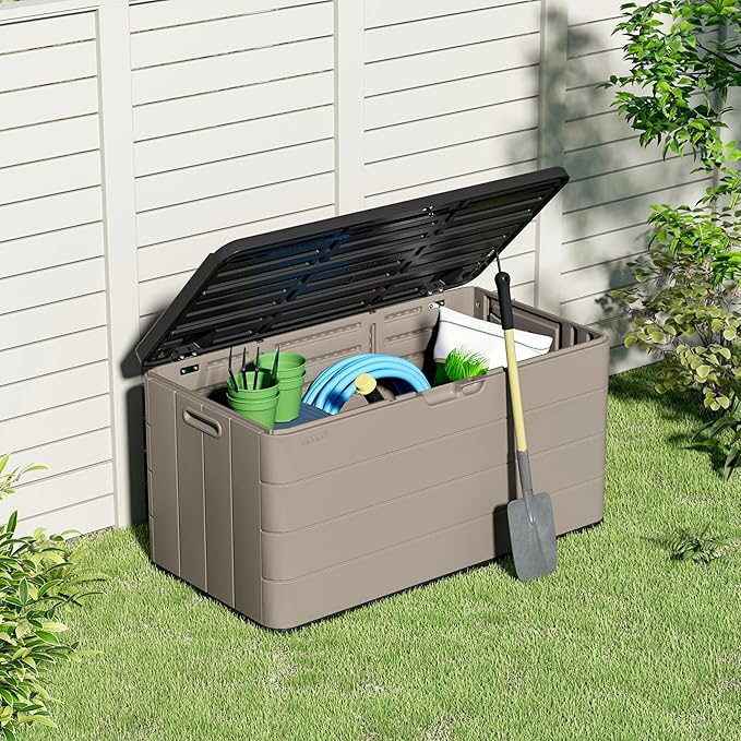 100 Gallon Plus Resin Deck Box, Waterproof Outdoor Storage Box for Patio Furniture, Garden Tools, and Pool Accessories, Lockable UV-Resistant Storage Bin Bench Cabinet for Outside, Brown