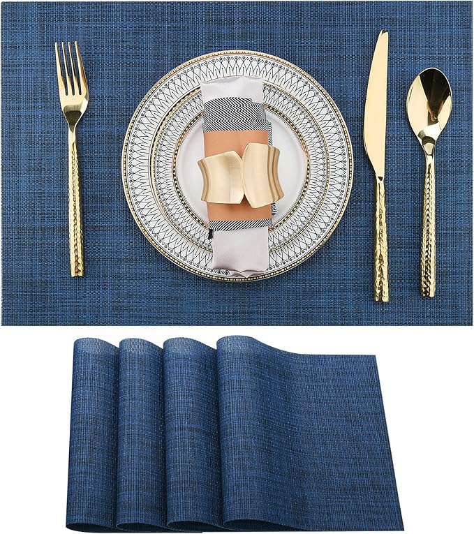 SLKQG Navy Blue Placemats Set of 4 - Easy Clean Washable Vinyl Placemats - Wipeable Heat Resistant Table Mats for Dining Table - 17x12 Inch (Navy Blue, 4)