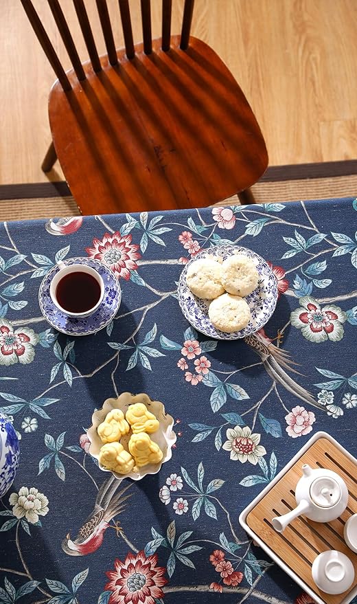 patdrea Designer Dark Blue Linen Rectangular Tablecloth,Vintage Navy French Floral and Birds Pattern Table Cloth,Decoration Table Cover for Kitchen,Dining,Tea Party,Home,Christmas,63"*110"
