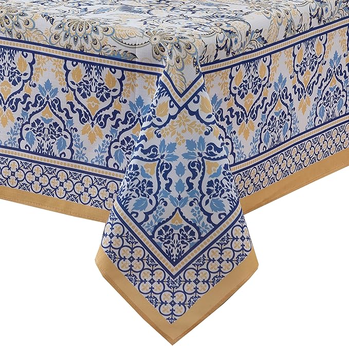 Home Bargains Plus Rectangle Fabric Tablecloth, 60 x 84 Inch, Allure Yellow and Blue Floral Bordered Print, Indoor Outdoor Stain and Water Resistant Table Cloth, Provence French Country