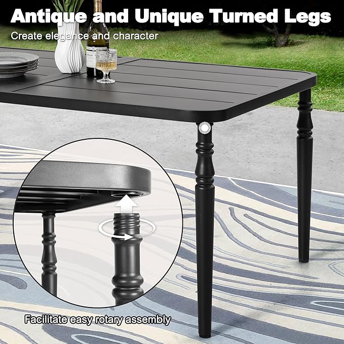 NUU GARDEN Weather-Resistant Outdoor 61” x 37” Rectangle Metal Dining Table with Umbrella Hole, Powder-Coated Frame, Slatted Tabletop, for Patio, Garden, Backyard and Balcony, Black