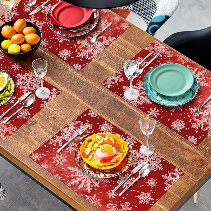 Red Snowflake Xmas Placemats Set of 4 Merry Christmas Snowflakes Linen Fabric Table Mats Seasonal Winter Holiday Washable Place Mats for Party Kitchen Dining Outdoor Indoor Decor