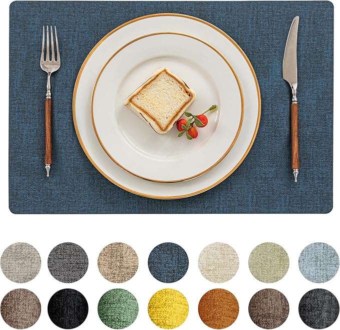Romanstile Vinyl Placemats Set of 8-12 X 17 Inch - Heat Resistant Place Mats 100% Waterproof Oilproof Wipeable Reversible Faux Leather Table Mats for Kitchen, Dining, Party, Outdoor, Navy Blue