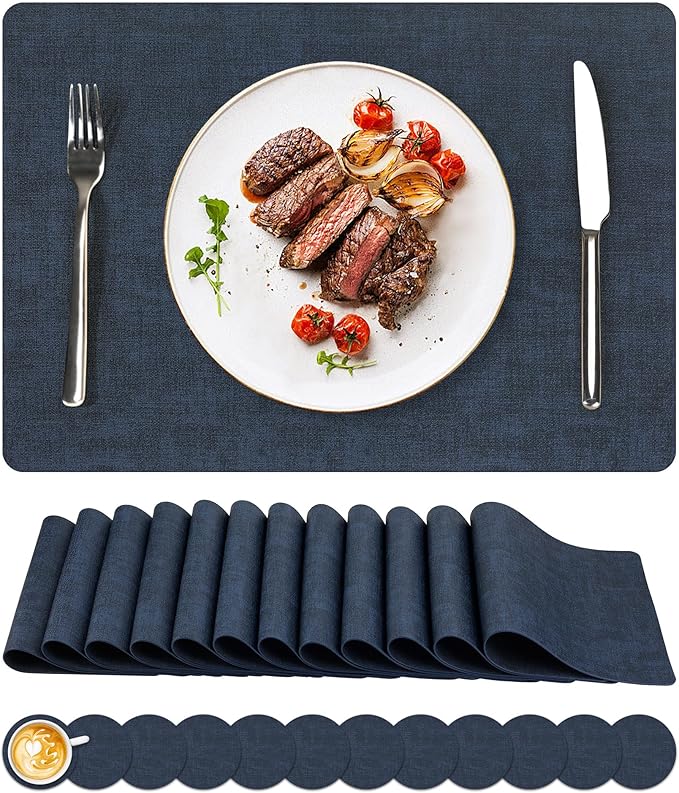 Vinyl Placemats Set of 12, Faux Leather Waterproof and Heat Resistant Place Mats, Washable Anti-Slip Table Mats with Coaster, Wipeable Placemats for Indoor & Outdoor 17" x 12" (Navy Blue, Set of 12)