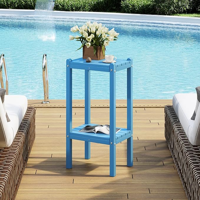 Costaelm Outdoor Side Table, 2-Tier Small Patio Coffee Tables for Outside, Outdoor End Tables for Patio, Adirondack Side Table for Outside, Outside Table for Pool, Porch, Garden, Pacific Blue