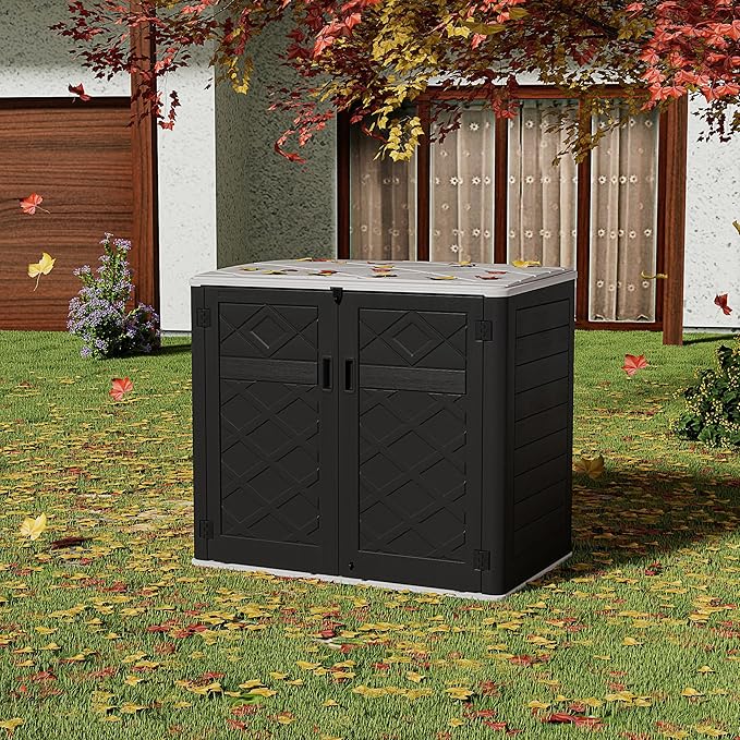HOMSPARK Storage Shed Weather Resistance, Multi-Purpose Outdoor Storage Cabinet for Backyards and Patios, Horizontal Storage Shed for Lawnmower, Patio Accessories (Black & White, Large - 48 cu.ft)