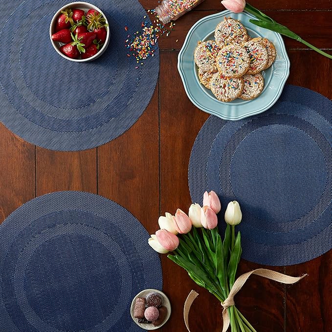 DII PVC Tabletop Collection Woven Indoor/Outdoor, Round Placemat Set, 13.75", Nautical Blue, 6 Piece