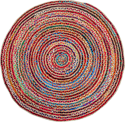 9' Round Handwoven Jute Chindi Area Rug - Colorful Boho Rugs for Living Room - Hand Braided Multicolor Bohemian Rug for Farmhouse, Bedroom, Dining Room, Classroom, Hallway, Kitchen, Office