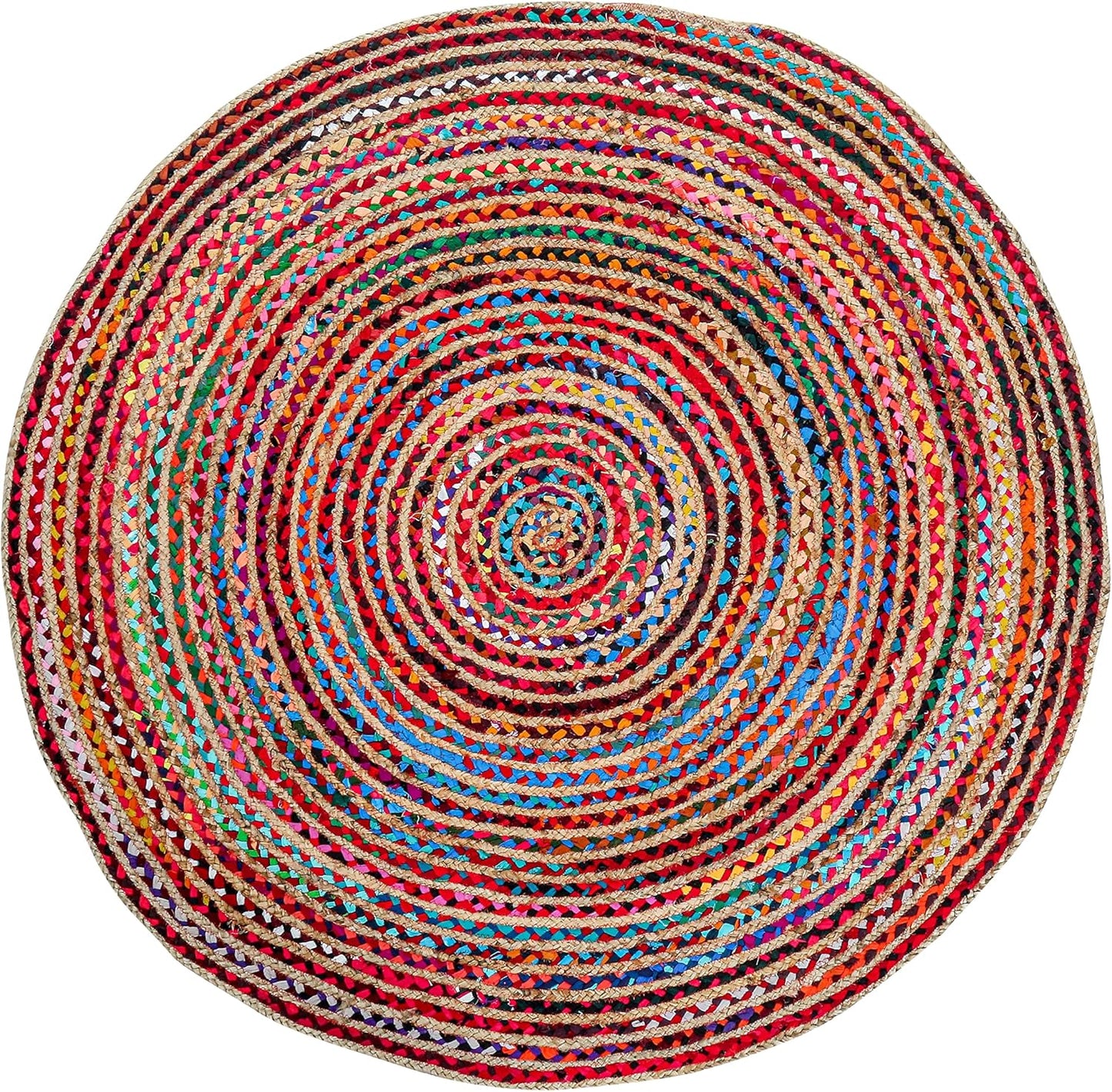 4' Round Handwoven Jute Chindi Area Rug - Colorful Boho Rugs for Living Room - Hand Braided Multicolor Bohemian Rug for Farmhouse, Bedroom, Dining Room, Classroom, Hallway, Kitchen, Office