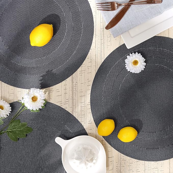 DII PVC Tabletop Collection Woven Indoor/Outdoor, Round Placemat Set, 13.75", Stonewash Blue, 6 Piece