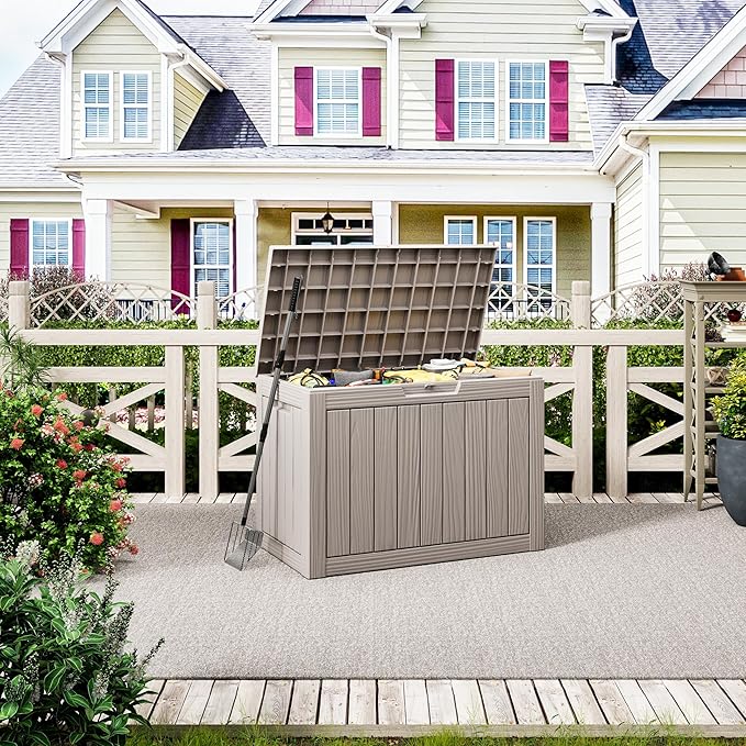48 Gallon Outdoor Storage Deck Box Waterproof,Garden Tool,Backyard Cushion,Poolside Storage,Small Delivery Boxes for Outside,UV-Resistant & All-Weather,Wood-like Striped Gray