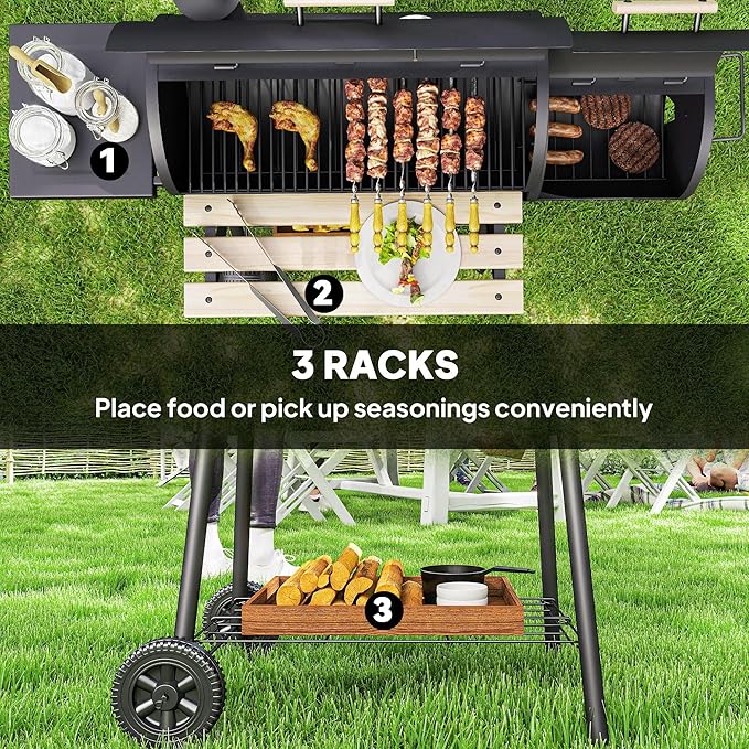 Outsunny 48" Portable Barrel Charcoal BBQ Grill, Steel Outdoor Barbecue Smoker with 232 Square Inches Cooking Space, Storage Shelf, Wheels for Garden Camping Picnic, Black