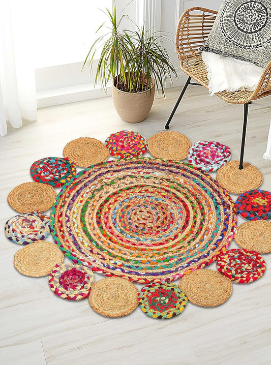 3' Round Handwoven Jute Chindi Area Rug - Colorful Boho Rugs for Living Room - Hand Braided Multicolor Bohemian Rug for Farmhouse, Bedroom, Dining Room, Classroom, Hallway, Kitchen, Office