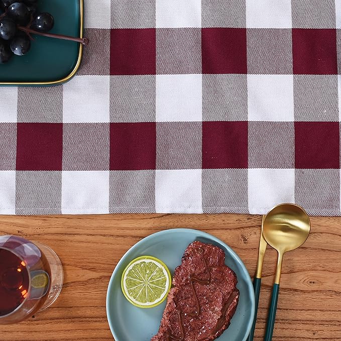 Tosewever Buffalo Check Plaid Farmhouse Table Runner, Cotton Polyester Blend Classic Family Dinner Table Runners for Indoor Outdoor Parties Events Home Decoration (Red and White, 14 x 72 Inch)