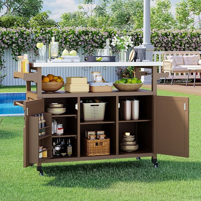 Garvee Outdoor Grill Cart with Storage, Outdoor Bar Cart Rolling BBQ Movable Pizza Oven Table Stand, Kitchen Island Carts with Stainless Steel Top, Spice Rack, Towel Rack & Storage Cabinet, Coffee