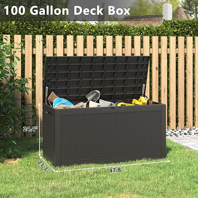 Outdoor Storage Box, Resin Deck Boxes Indoor and outdoor, Waterproof Storage Box Lockable Lid (Black, 100 Gallon)
