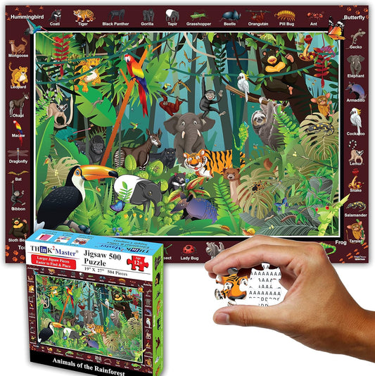 Think2Master Colorful Rainforest Jungle Zoo Animals 500 pieces Large Format Jigsaw Puzzle for kids 12+, teens, adults & families. Great gift for stimulating learning about animals. Size: 26.8” X 18.9”