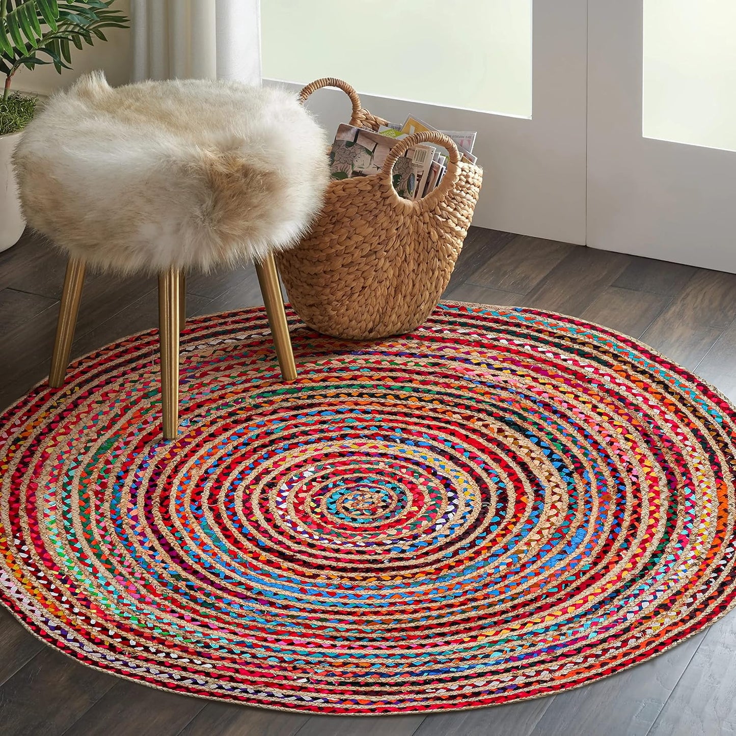 4' Round Handwoven Jute Chindi Area Rug - Colorful Boho Rugs for Living Room - Hand Braided Multicolor Bohemian Rug for Farmhouse, Bedroom, Dining Room, Classroom, Hallway, Kitchen, Office