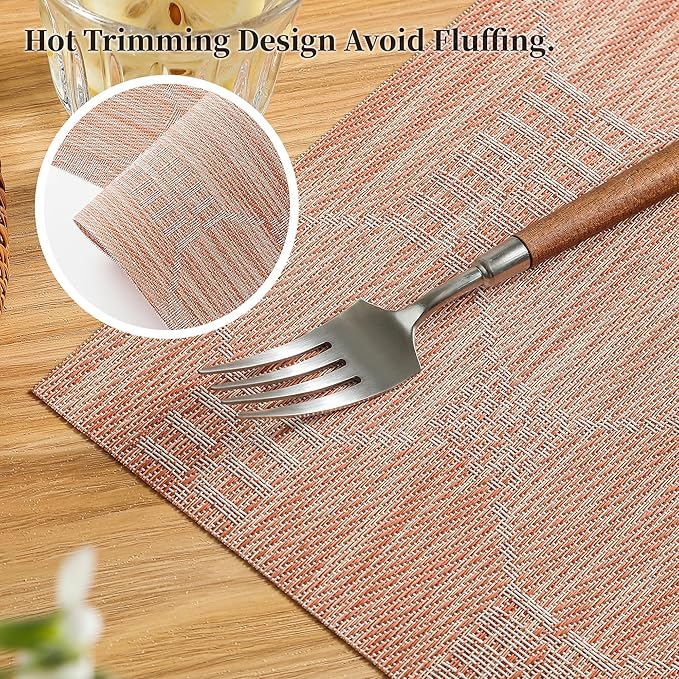 Leetaltree Coral Placemats Set of 6 - Heat Resistant Non-Slip Place mats for Dining Table, Washable Durable PVC Vinyl Woven Table Mats（Coral, 6）