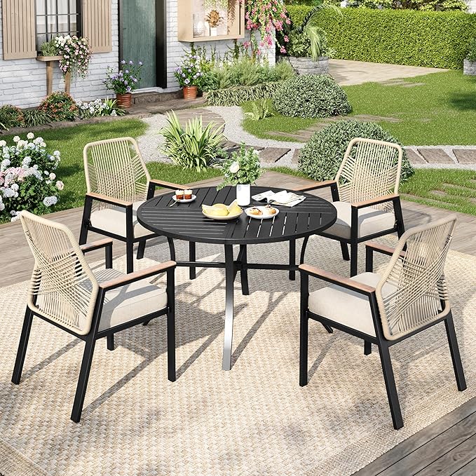 Outdoor Patio Round Dining Table, 42"x 42" Metal Small Round Table with Adjustable Umbrella Hole, All Weather Wrought Iron Black Outdoor Table for Deck Lawn Garden Backyard, Black