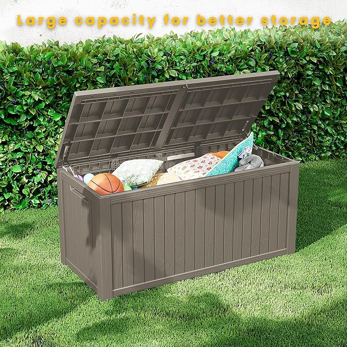 210 Gallon Outdoor Storage Bench Waterproof - Resin Deck Storage Chest for Patio & Pool, Lockable Outdoor Storage Box for Cushions & Tools, UV-Resistant, Granite Grey