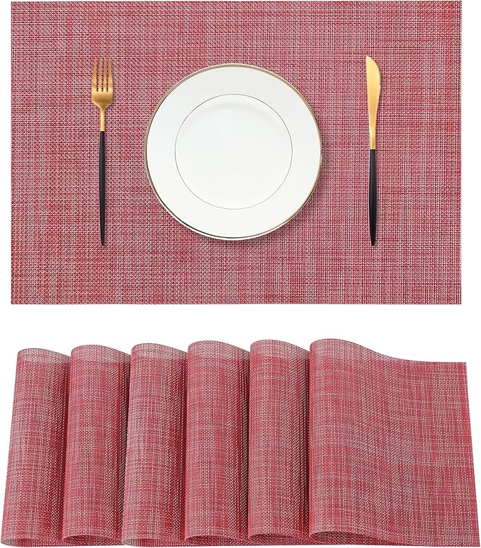 Leetaltree Red Placemats Set of 6 - Heat Resistant Non-Slip Place mats for Dining Table, Washable Durable PVC Vinyl Woven Table Mats