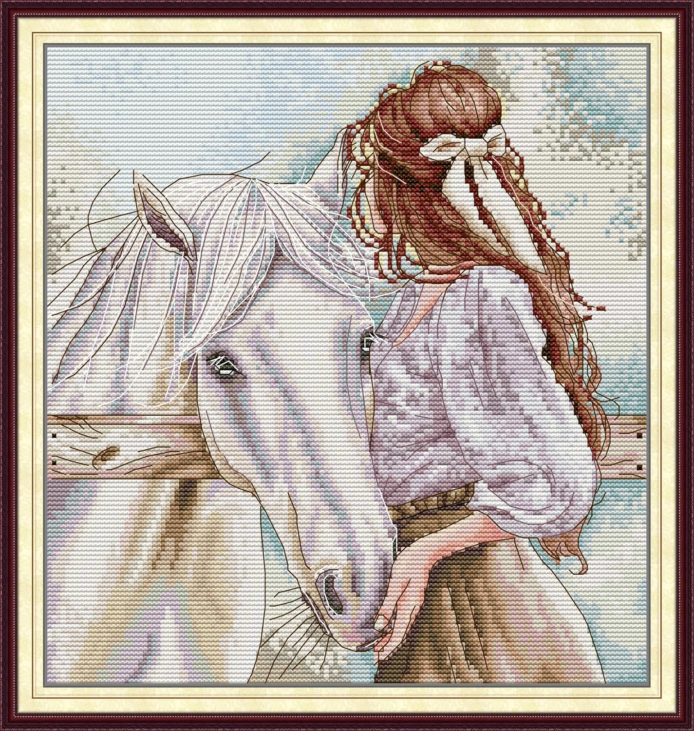 Threadhaven Cross-Stitch Kit 14CT Aida Counted Embroidery Complete Set with Fabric, Threads, Needles & Chart-Premium Beautiful Girls Design for Adults & Beginners- Girl with a Horse 12.2''×13''