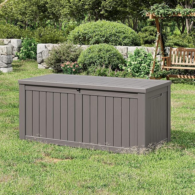 NUNU LAB 150 Gallon Outdoor Storage Box,Resin Large Sturdy Deck Box, Backyard Outside Storage Box Waterproof with Double Wall Panels,Package Delivery Garden Outdoor Hose
