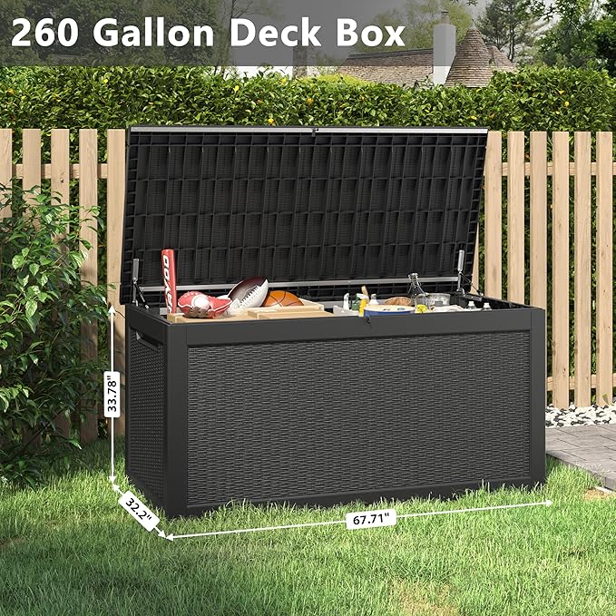 260 Gallon Large Resin deck box Waterproof,Outdoor Storage Bench,Patio Storage Box,Garden Tool Storage,Resin Large Sturdy Deck boxes with Double Wall Panels,Rattan Black