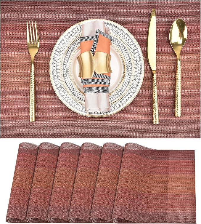 SLKQG Red Placemats Set of 6 - Easy Clean Washable Vinyl Placemats - Wipeable Heat Resistant Table Mats for Dining Table - 17.7x11.8 Inch (6, Red Gradient)