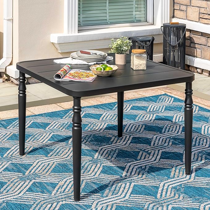 NUU GARDEN Outdoor 37” Dining Table, Square Metal Dining Table with Umbrella Hole, Patio Dining Table with Powder-Coated Frame and Slatted Tabletop, for Garden, Backyard and Balcony, Black