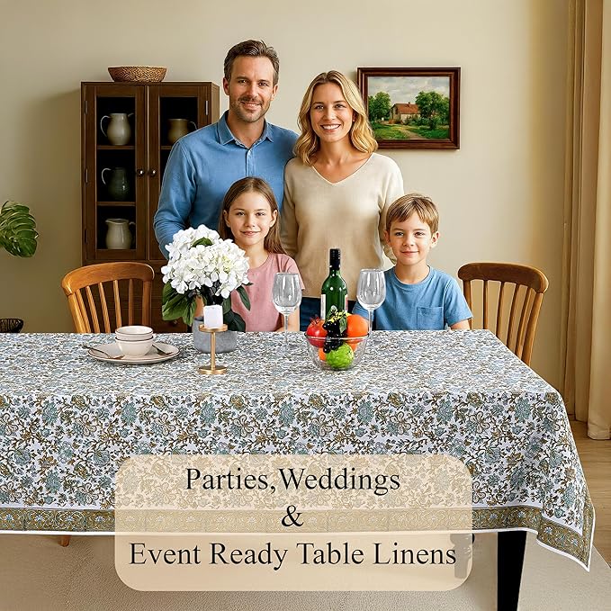 CPC Tablecloth 100% Cotton 60x90 Inch Indian Block Print Rectangle Table Cover, Washable Table Cloth for Weddings, Spring/Summer, Barbeque - Harvest Bloom