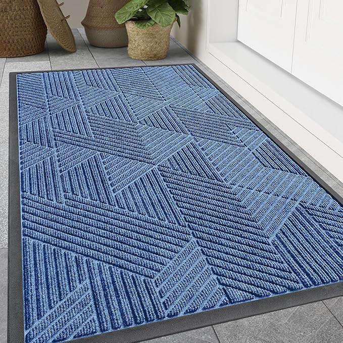 Smiry Front Door Mat Outside Entrance, Heavy Duty Sturdy Natural Rubber Doormat, Trap Dirt and Moisture, Easy Clean Low Profile Mats for Indoor Outdoor Entry, Irregular Triangle (59x35, Blue)