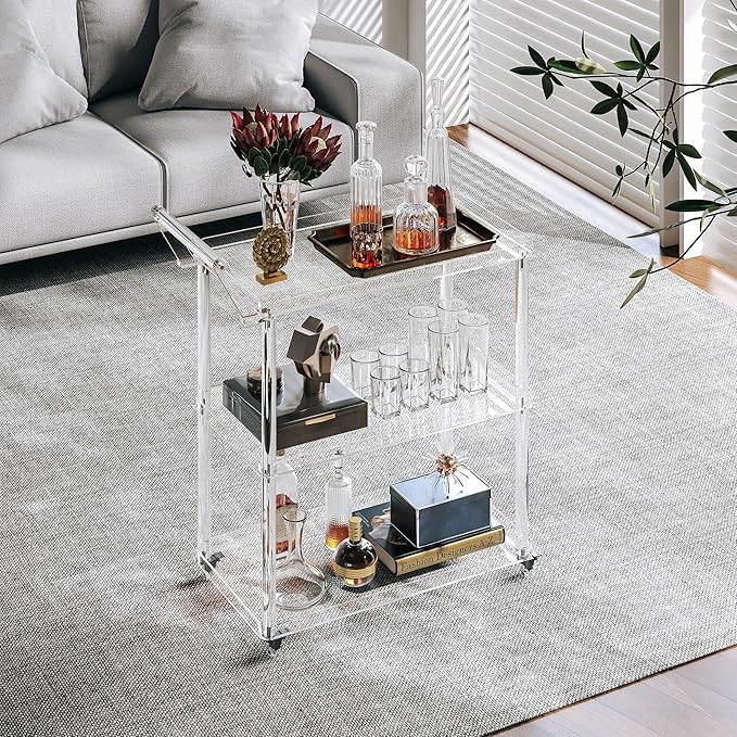 Dethan Acrylic Bar Cart with Lockable Wheels, Rolling Serving Cart with Pulling Handle, 3-Tier Clear for Home Bar, Kitchen, Living Room, Portable Beverage Space-Saving Modern Acrylic Trolley